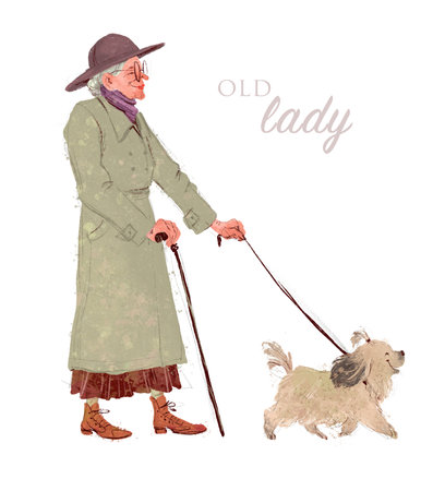 Happy old lady in coat and hat walk a dog in the autumn park. Watercolor hand drawn fall illustration.の写真素材