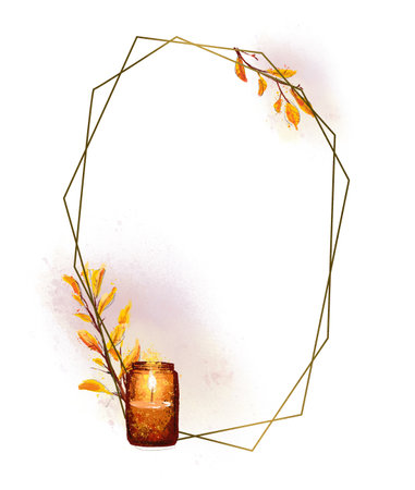 Beautiful golden geometric frame with autumn mood. Warecolor hand drawn fall illustration. For cards design, banners, packaging etc.の写真素材