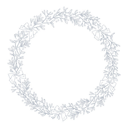Christmas stylish decor holiday wreath for cards, banners, invitations, packaging. Vector flat outline illustration. line art.のイラスト素材