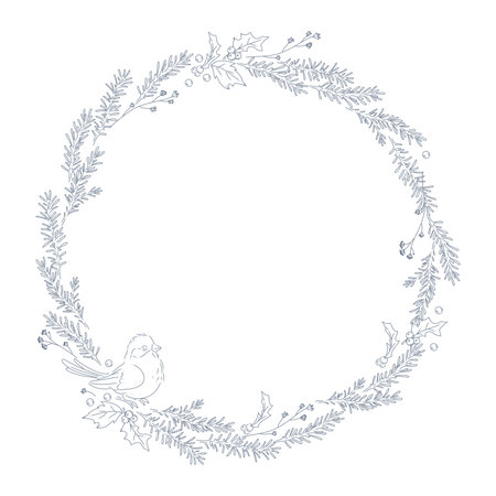 Christmas stylish decor holiday wreath for cards, banners, invitations, packaging. Vector flat outline illustration. line art.のイラスト素材