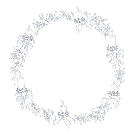 Christmas stylish decor holiday wreath for cards, banners, invitations, packaging. Vector flat outline illustration. line art.のイラスト素材