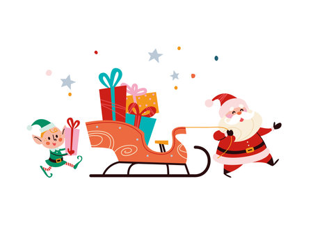 Merry Christmas concept with Santa Claus, elf and sleigh full of presents. Vector flat Christmas illustration. For banner, card, package.のイラスト素材