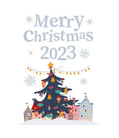 Merry Christmas 2023 design with xmas holiday fir tree decorated on cozy winter city street. Vector flat Christmas illustration. For banner, card, package.のイラスト素材