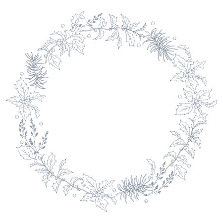 Christmas stylish decor holiday wreath for cards, banners, invitations, packaging. Vector flat outline illustration. line art.のイラスト素材