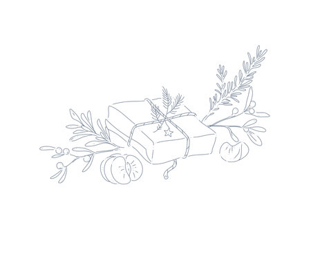 Christmas stylish decor arrangement for cards, banners, invitations, packaging. Vector flat outline illustration. line art.のイラスト素材