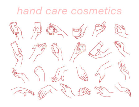 Collection of human hand and cream tube and jar icons isolated. Vector flat line art illustration. For logo, branding, packaging design.のイラスト素材