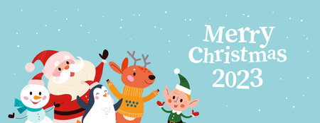 Merry Christmas concept with Santa Claus, winter animals and holiday congratulation. Vector flat Christmas illustration. For banner, card, package.のイラスト素材