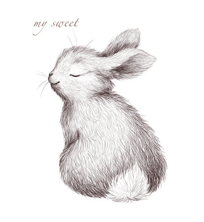 Adorable hand drawn cute bunny portrait isolated. Artistic watercolor illustration for bday cards, baby shower, print.の写真素材