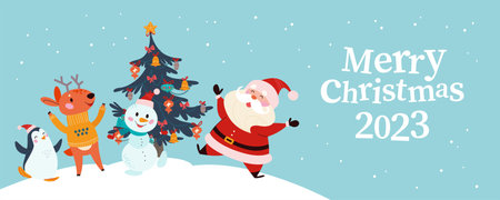 Merry Christmas concept with Santa Claus, winter animals and text congratulation. Vector flat Christmas illustration. For banner, card, package.のイラスト素材