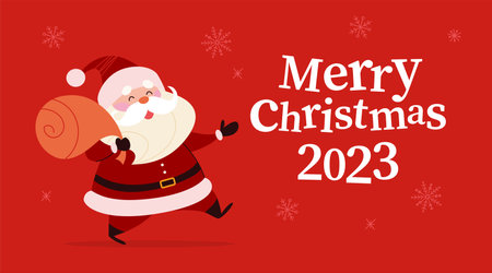 Merry Christmas concept with Santa Claus and text congratulation. Vector flat Christmas illustration. For banner, card, package.のイラスト素材