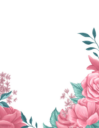 Watercolor hand drawn frame floral with flowers, roses, leaves for Valentine day card, love, wedding invitation design, print, decor.の写真素材