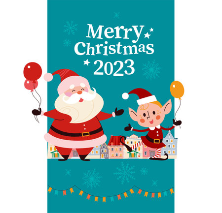 Merry Christmas concept with Santa Claus, elf and text congratulation. Vector flat Christmas illustration. For banner, card, package.のイラスト素材
