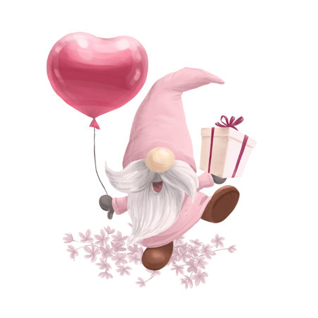 Beautiful hand drawn gnome with balloon and gift box isolated. Artistic watercolor illustration for bday cards, valentine banners, love prints etc.の写真素材