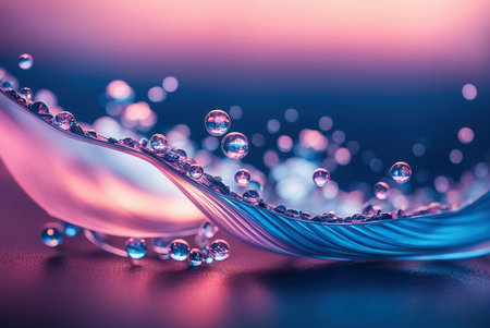 Water droplets on a beautiful purple background. 3d rendering.の素材
