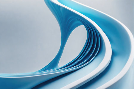 Blue curved paper sheets on a light background. Shallow depth of field.の素材