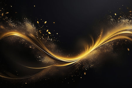 Abstract gold wave on black background. 3d rendering, 3d illustration.の素材