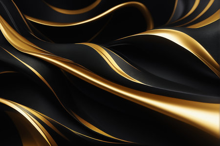 Black and gold abstract wavy background. 3d render illustration.の素材