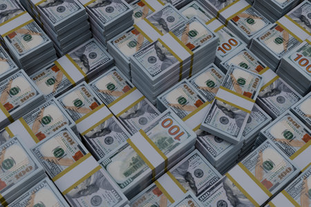 Pile of 100 dollar banknotes stacks background. 3D illustration.の写真素材