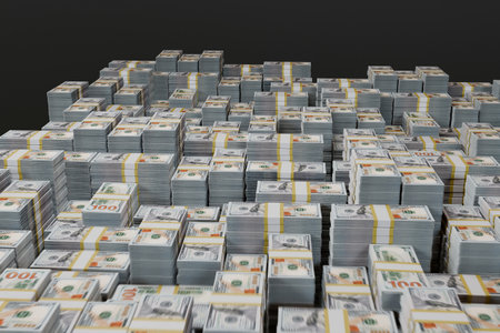 A pile of 100 dollar bills on a black background. 3d renderの写真素材