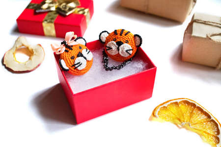 Christmas frame from gifts . New Year banner. Christmas composition. Flat lay, top viewの写真素材