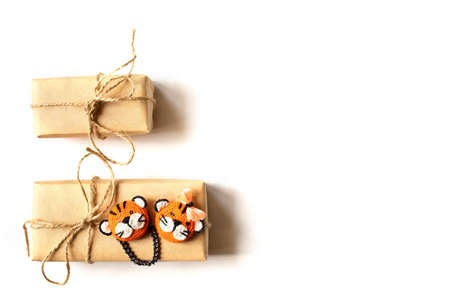 Christmas frame from gifts and New Year's toys on a light background. New Year banner. Christmas composition. Flat lay, top view.の写真素材