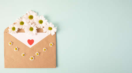 Craft envelope with camomile, white chrysanthemums on blue, mint background. Top view. Greeting card...