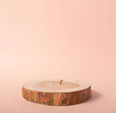 Wooden eco rustic pine tree wood circle disc platform podium on beige background. Minimal empty display product presentation scene. Two rings, two tiers of podiums.の写真素材