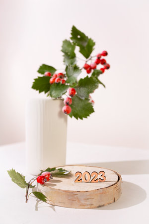Minimal. Christmas background with a podium for a product presentation . The pedestal is made of natural wood with decorated. Happy New Year and Merry Christmas.の写真素材
