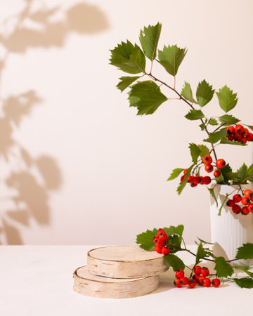 Wood podium saw cut of tree on beige background with autumn red hawthorn berries ans plaster vase. Concept scene stage showcase, product, promotion sale, presentation, beauty cosmetic. Wooden stand studio emptyの写真素材