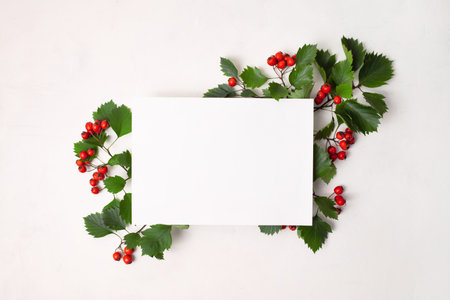 Frame of leaves with autumn red hawthorn berries, red berry with white paper card note with space for text on a white background. Top view, flat layの写真素材