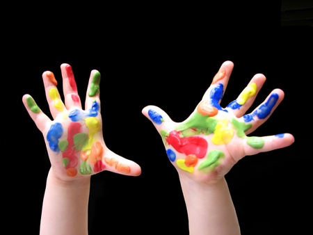 Toddlers hands with paintの写真素材