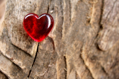 Red Glass Heart on soft focus timberの写真素材