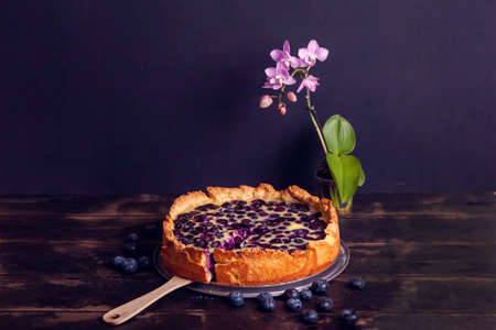 Rustic shortbread pie with blueberries in sour cream filling on a wooden background and phalaenopsis...