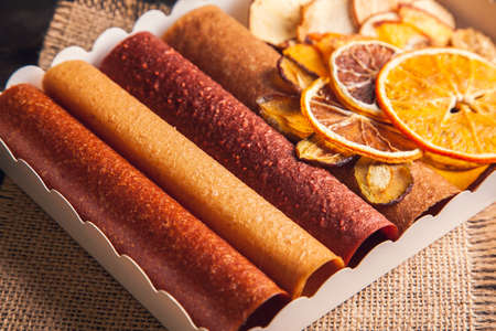 Sweet fruit snacks in a package - pastilles and dried fruit. Fruit candy, Sugar Free, healthy...