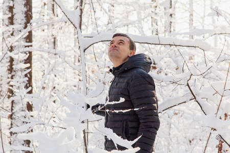 Man shakes tree to make snowfall in winter snow-covered forest in sunny day.