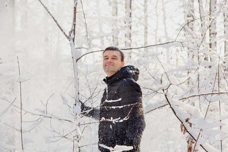 Man shakes tree to make snowfall in winter snow-covered forest in sunny day.