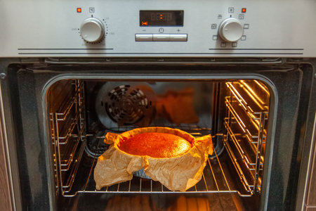 Cooking process homemade Basque burnt cheesecake. Ready toasted cheesecake is in the oven. Recipe step by stepの写真素材
