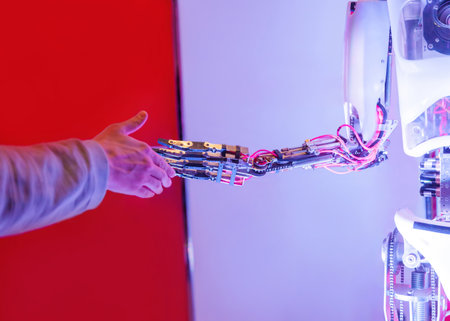 Man gives his hand to shake it to robot. The interaction of humans and artificial intelligence.