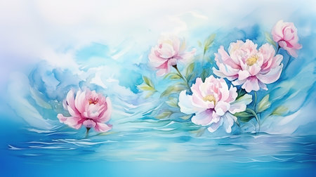 watercolor peony flowers on blue background; copy space, wallpaperの素材