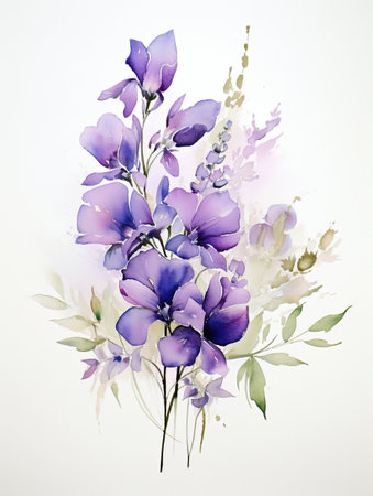 purple flowers on white background with copy space, watercolor illustration.の素材