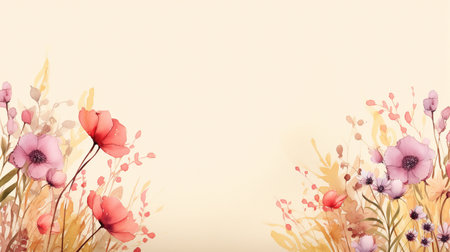 watercolor spring flowers on beige background, copy space, wallpaper.の素材
