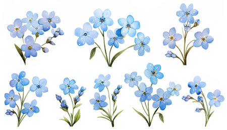 set of forget-me-not flowers on white background, watercolor illustration.の素材