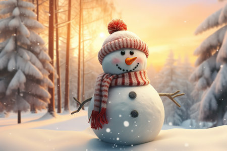 Cute snowman happy with snow in snowy forest, sunset, realistic.の素材