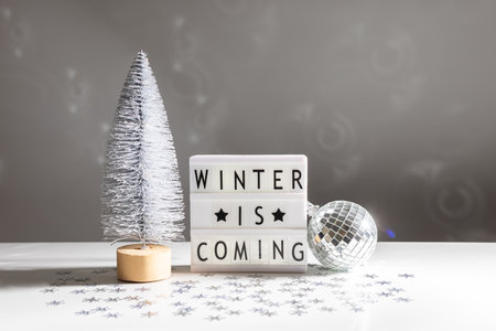 Still life with a silver Christmas tree, a disco ball and a lightbox with the inscription Winter is coming.の写真素材