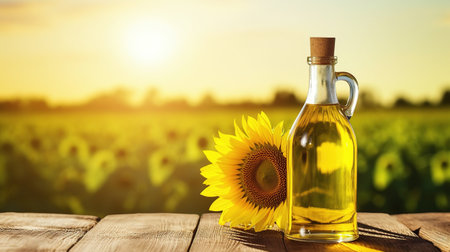 transparent bottle of oil stands on a wooden table on of a field of sunflowers at background, sunny day, backlight, copy space, realistic.の素材