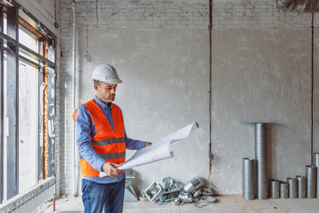 A construction worker focuses wearing a safety vest and helmet on building plans inside a partially...