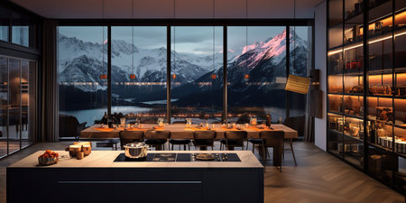 A spacious dining room featuring a wide panorama of majestic mountains through the floor-to-ceiling windows.の素材