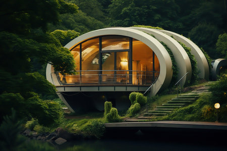 A round house with a deck and stairs leading up to it in a serene setting.の素材