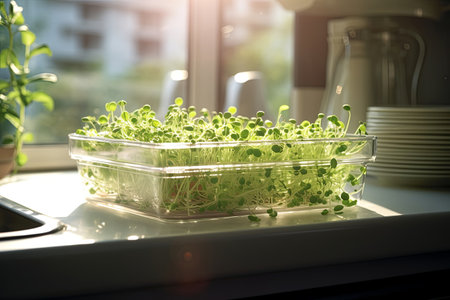A vibrant patch of microgreens thrives in a clear container by a sunny kitchen window, showing healthy growth and freshness in a domestic setting.の素材