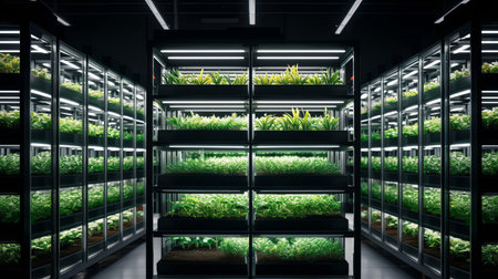A contemporary greenhouse showcases numerous shelving units brimming with lush green plants, illuminated by bright overhead lights, creating an ideal growth environment.の素材